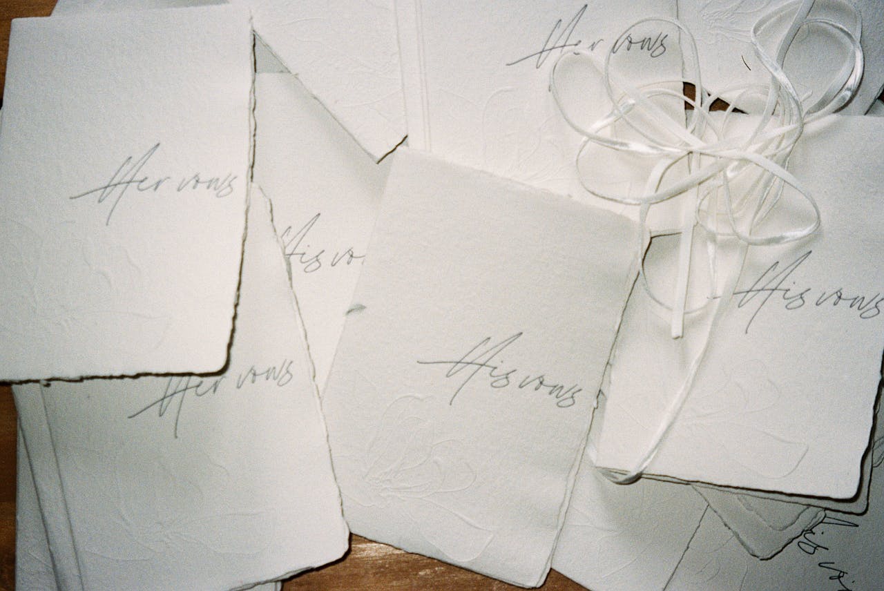 Home A collection of elegant vintage invitation cards with embossed texture and cursive script, offering copyspace.
